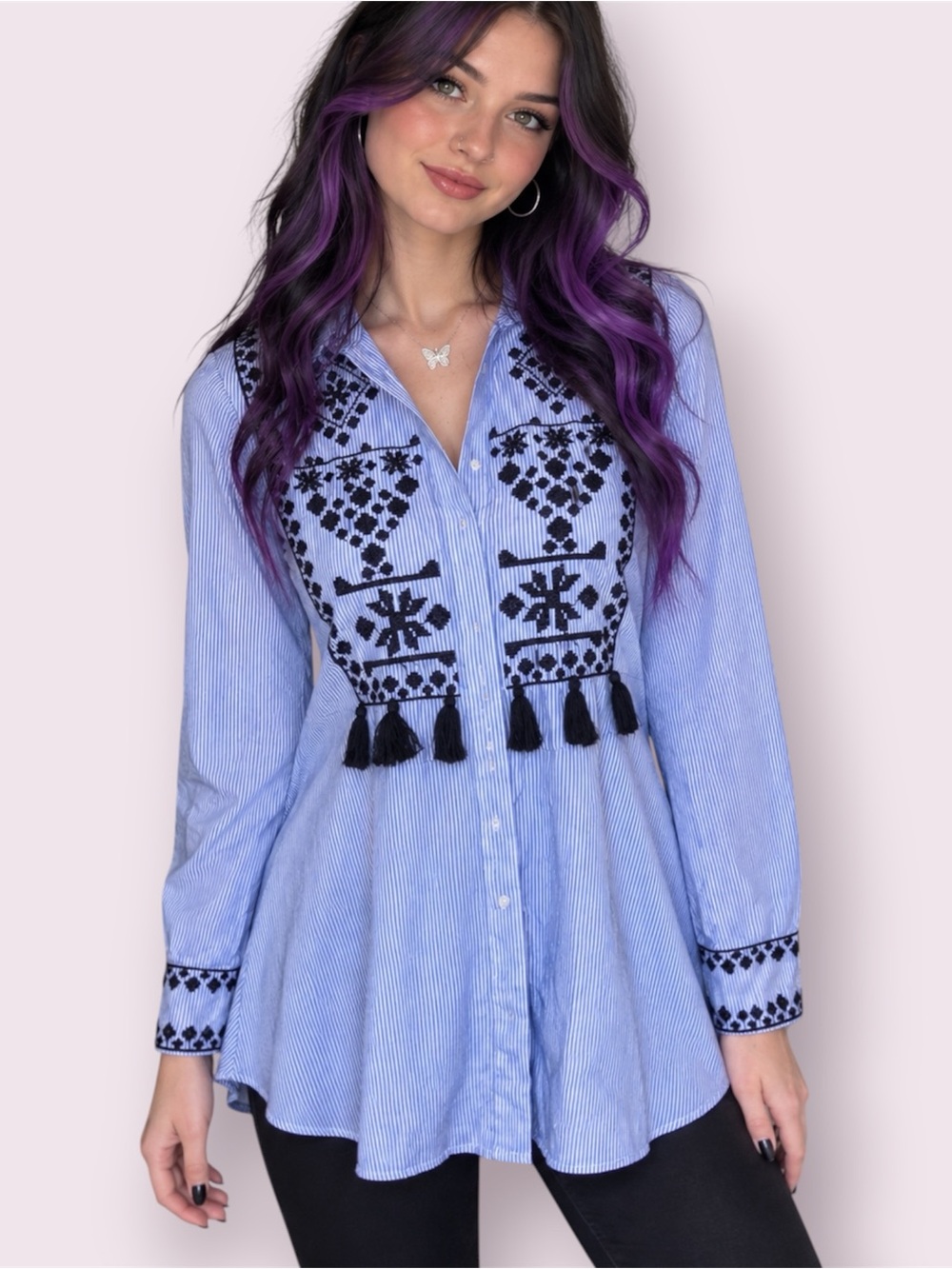Zara Pinstripe Button Up Embroidered Top Peplum Tassels Blue & White Size XS